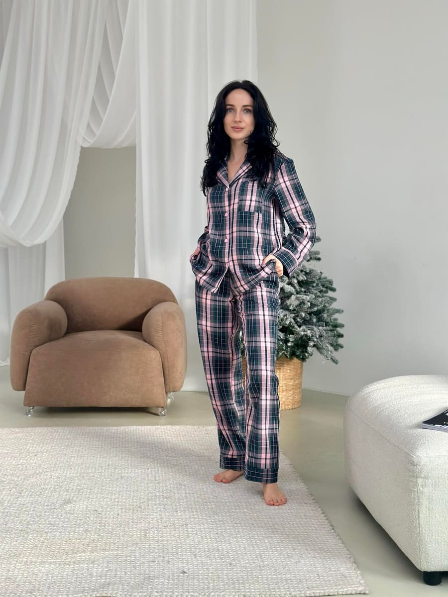 Домашня жіноча піжама COSY у клітинку рожево-сіра (сорочка+штани)