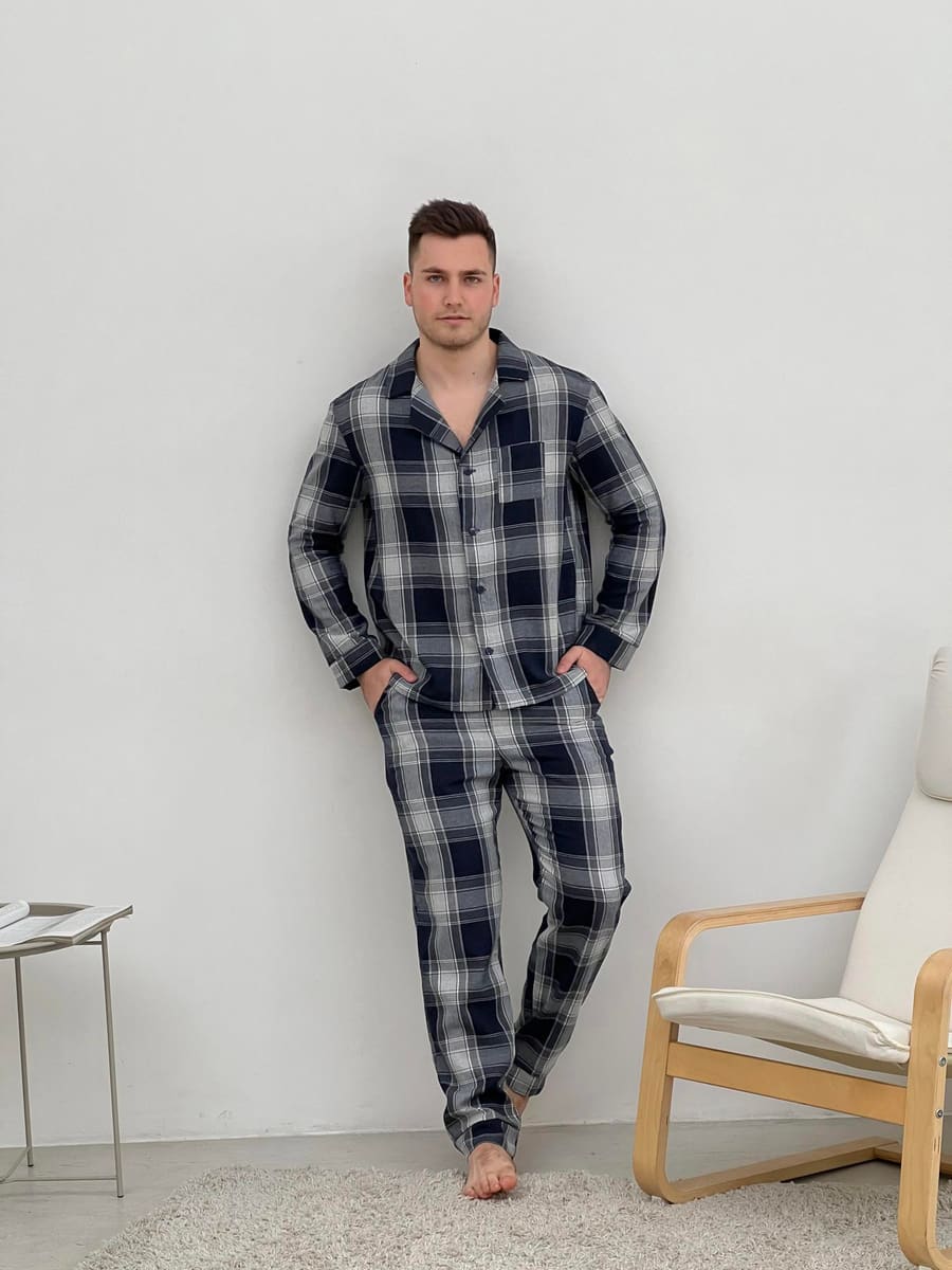 Піжама чоловіча COSY з фланелі (штани+сорочка) клітина темно синій/сірий