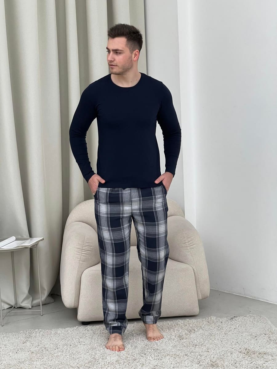 Домашній піжамний комплект для чоловіків COSY(штани+лонгслів НН) темно-синій/сірий