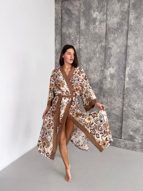 Жіночий халат кімоно довгий Boho Chic кориця