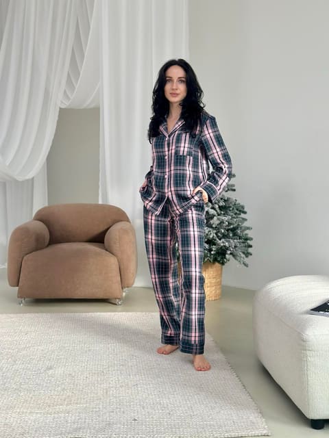 Домашня жіноча піжама COSY у клітинку рожево-сіра (сорочка+штани)