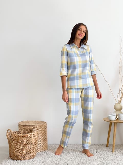 Домашній жіночий комплект COSY у клітинку жовто/сірий (сорочка+штани)