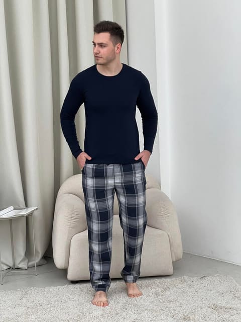 Домашній піжамний комплект для чоловіків COSY(штани+лонгслів НН) темно-синій/сірий