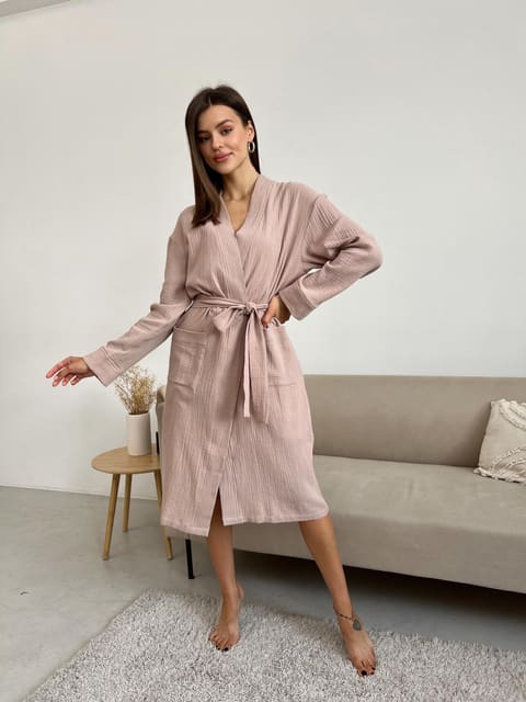 Жіночий халат COSY із мусліну довгий латте